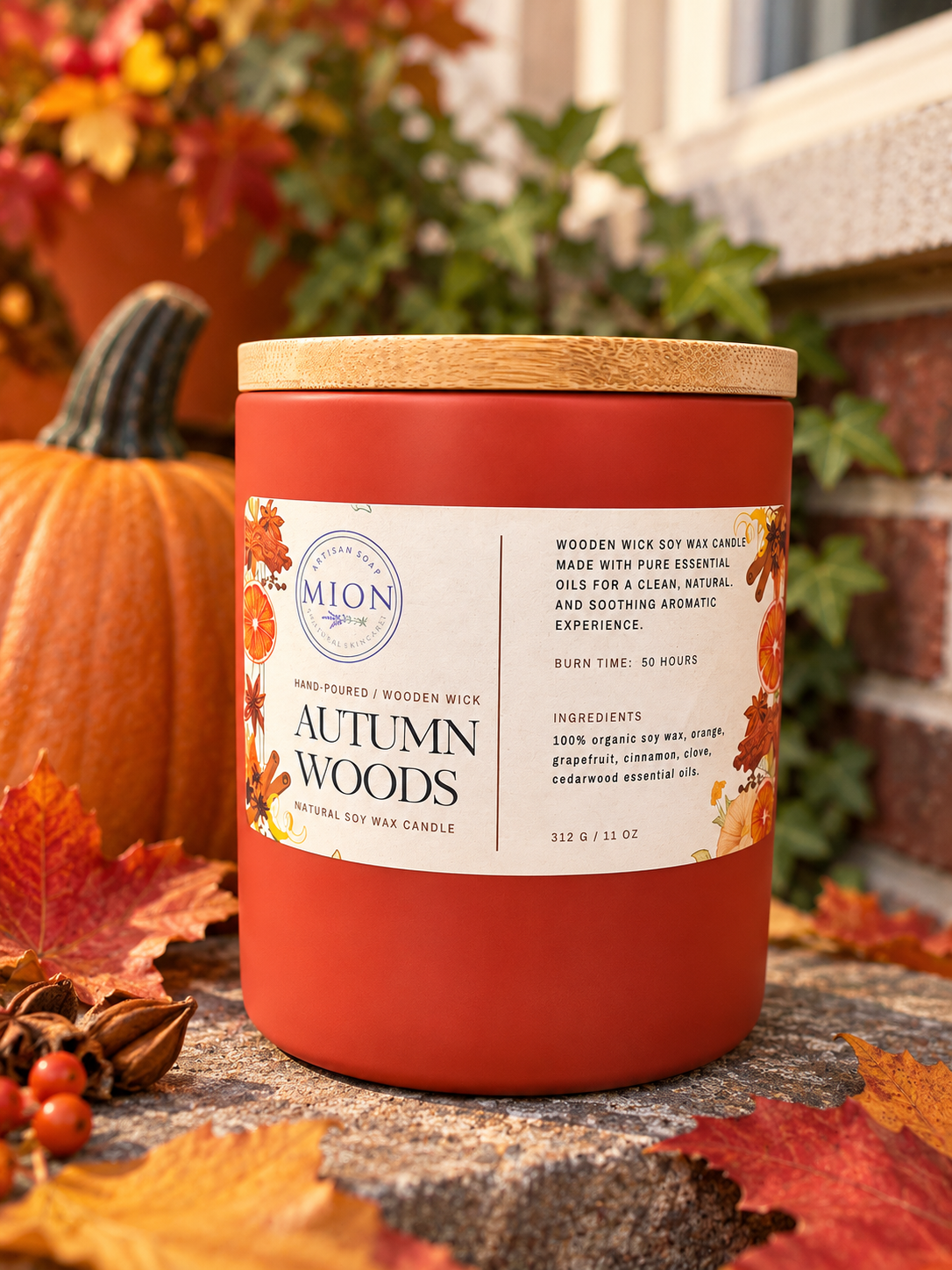 Autumn Woods | Ceramic Jar Candle | with Crackling Wooden Wick and Bamboo Lid