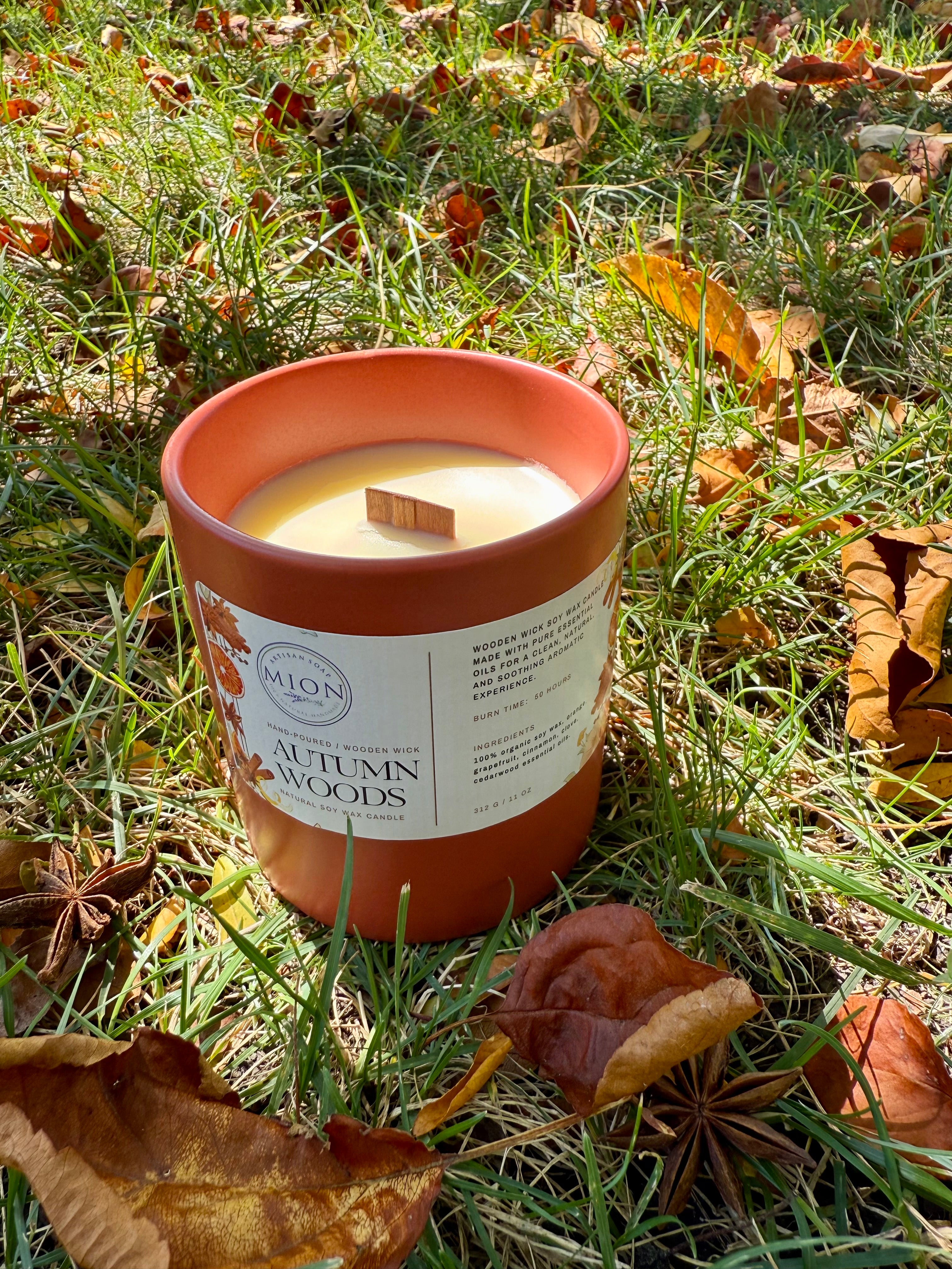 Autumn Woods | Ceramic Jar Candle | with Crackling Wooden Wick and Bamboo Lid
