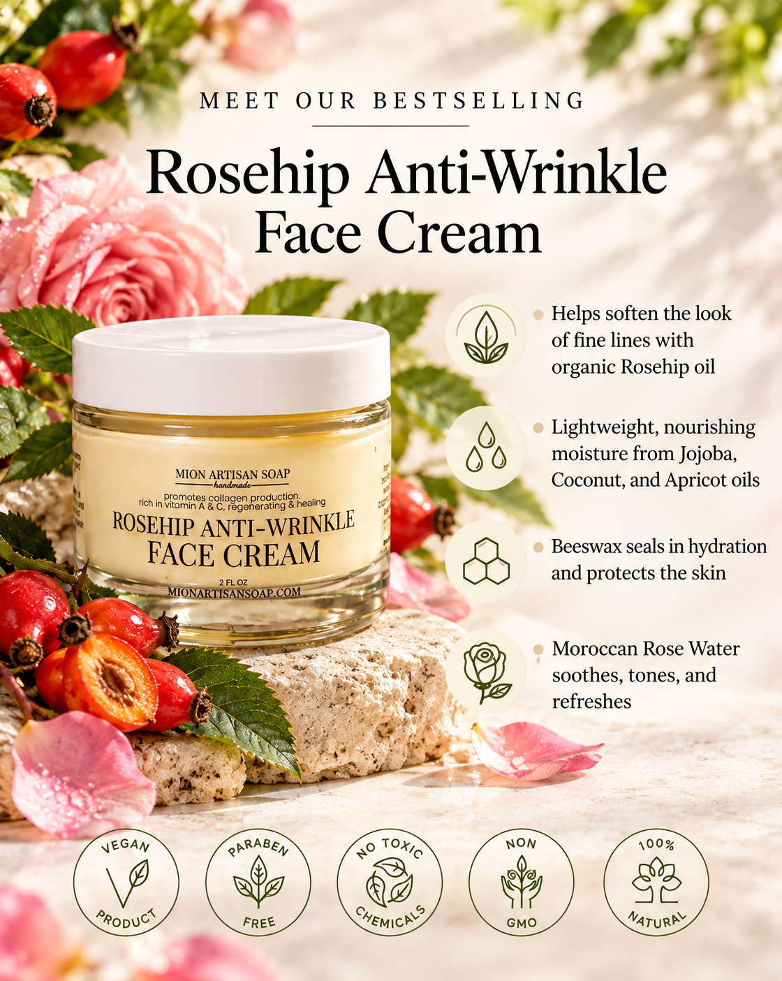 Rosehip Anti-Wrinkle Face Cream | Light Texture | Rich in Vitamins A & C