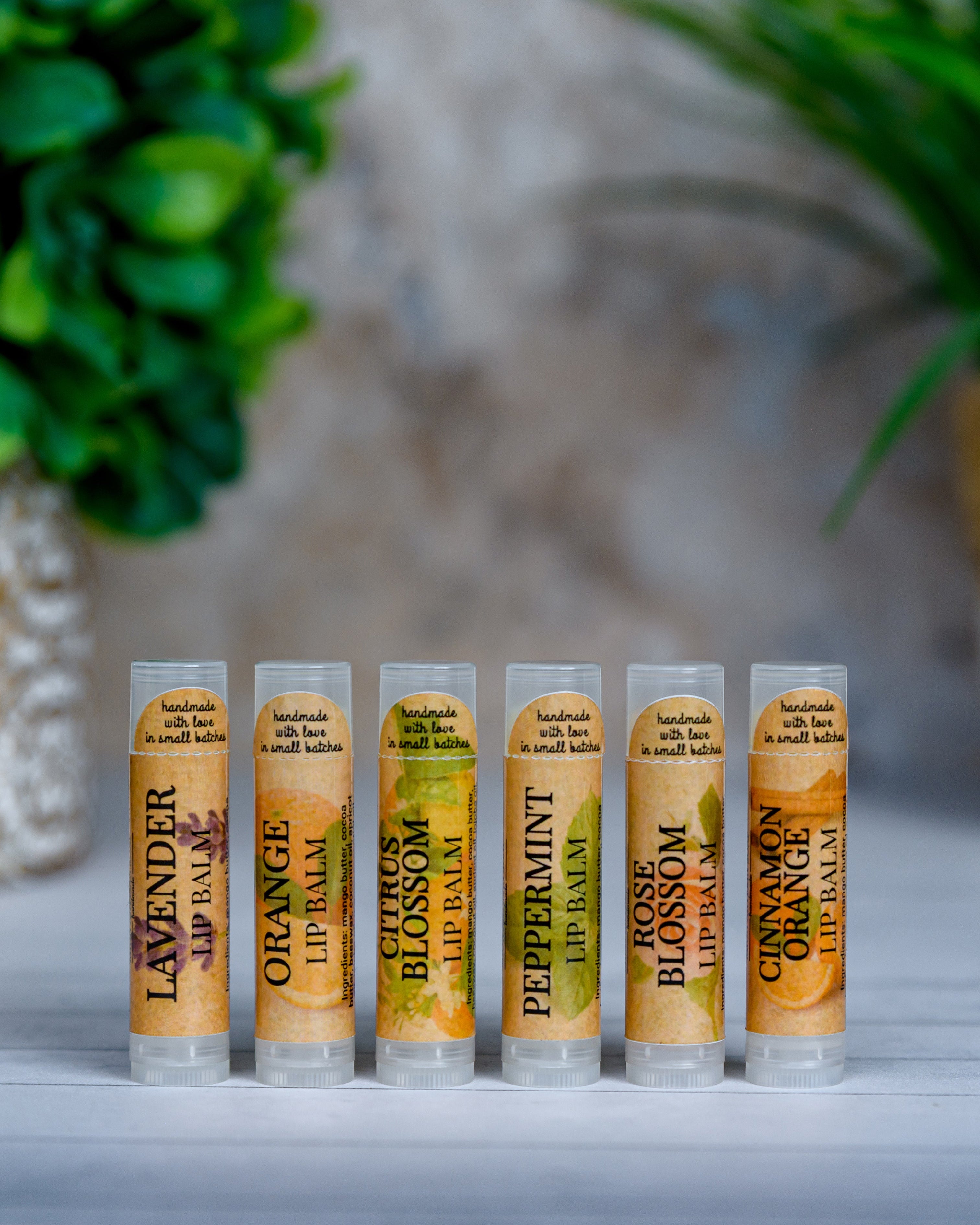 Set of lip balms with labels on a neutral background